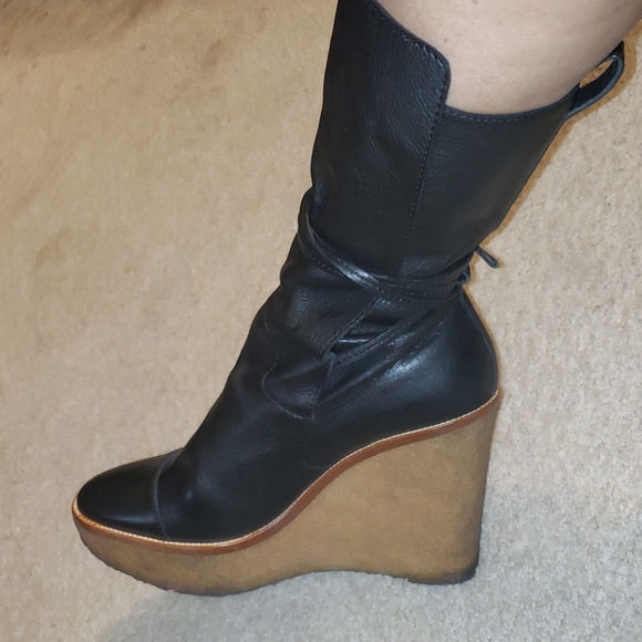 YSL leather tie up calf high wedge boots E… - Picture 1 of 12